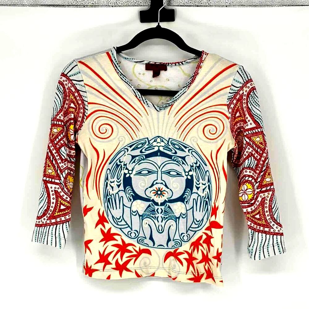 Vtg 90s BCBG MaxAzria Hippie Print 3/4 Sleeve Multicolor Cropped Tee - Size L